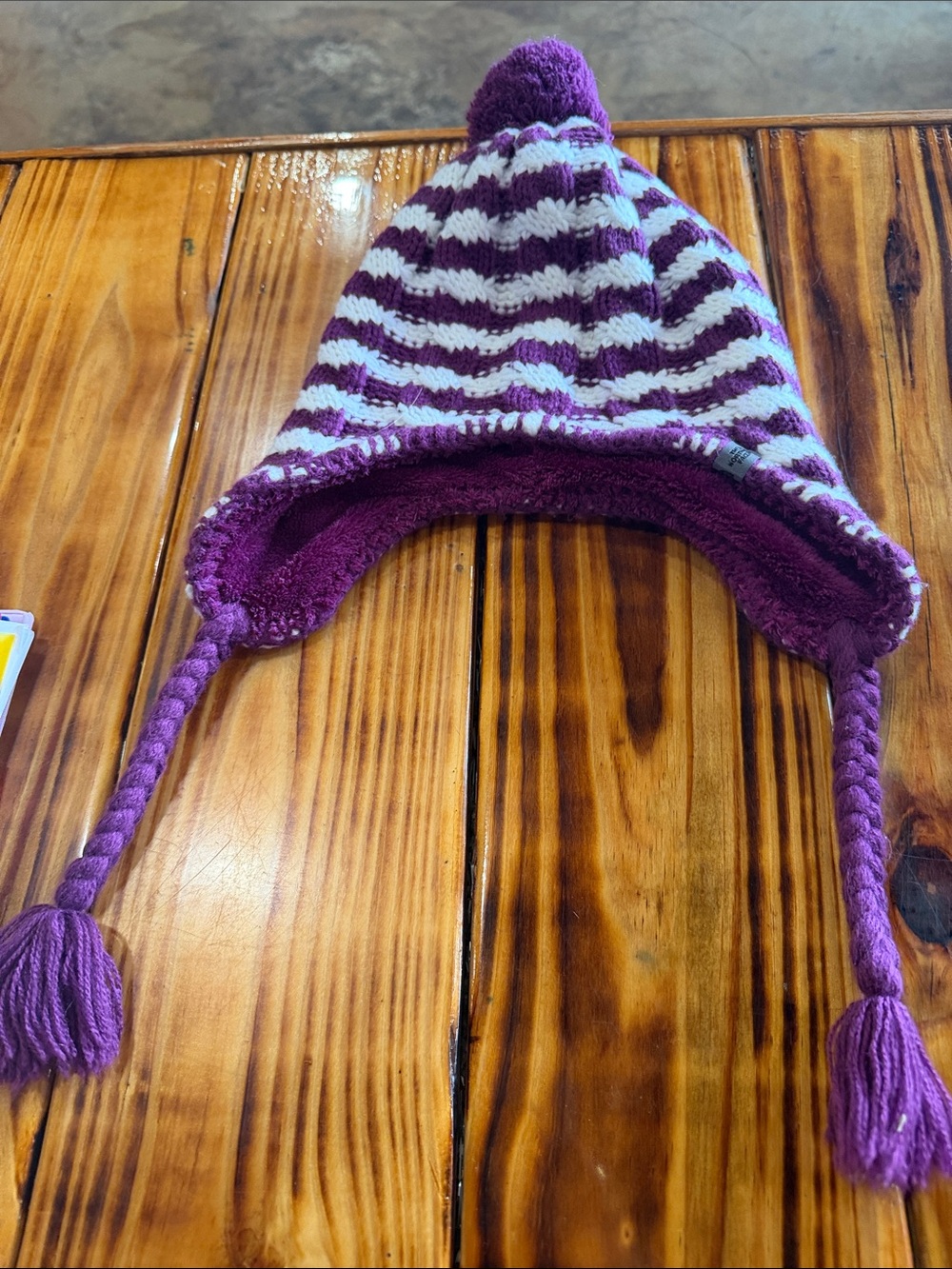 The North Face Kids Purple and White Striped Pom-Pom Earflap Hat A41